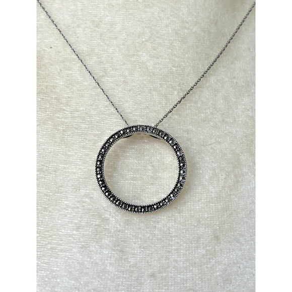 Vintage Delicate Sterling Silver & Marcasite Open Circle Pendant 1 1/4" Wide - Picture 8 of 16